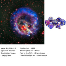 Load image into Gallery viewer, Description of 1E (Blue & Purple) Nebula Polyhedral Dice Set 7 Piece
