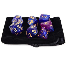 Load image into Gallery viewer, 1E (Blue & Purple) Nebula Polyhedral Dice Set 7 Piece with a Black Dice Bag