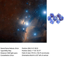 Load image into Gallery viewer, Description of Flame (Blue & White) Nebula Polyhedral Dice Set 7 Piece