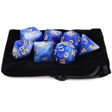 Load image into Gallery viewer, Flame (Blue & White) Nebula Polyhedral Dice Set 7 Piece with a Black Dice Bag