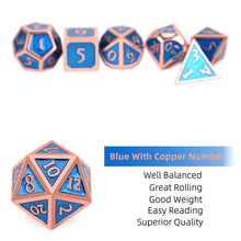 Load image into Gallery viewer, Description of Frost Blue & Bronze Enamel Metal Dice Set 7 piece