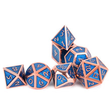 Load image into Gallery viewer, Frost Blue & Bronze Enamel Metal Dice Set 7 piece horizontally stacked