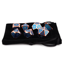 Load image into Gallery viewer, Frost Blue & Bronze Enamel Metal Dice Set 7 piece with Black Dice Bag