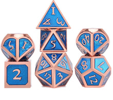 Load image into Gallery viewer, Frost Blue & Bronze Enamel Metal Dice Set 7 piece front view
