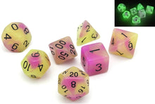 Load image into Gallery viewer, Purple and White dual colour glow in the dark dice set 7 piece