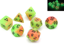 Load image into Gallery viewer, Orange and Green dual colour glow in the dark dice set 7 piece