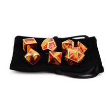 Load image into Gallery viewer, Mixed Red & Yellow Metal Dice Set 7 piece with black dice bag