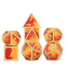 Load image into Gallery viewer, Mixed Red & Yellow Metal Dice Set 7 piece front view