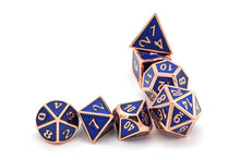 Load image into Gallery viewer, Navy Blue & Bronze Enamel Metal Dice Set 7 Piece horizontally stacked