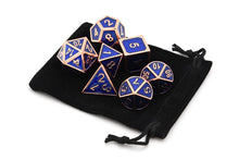 Load image into Gallery viewer, Navy Blue & Bronze Enamel Metal Dice Set 7 Piece with black dice bag