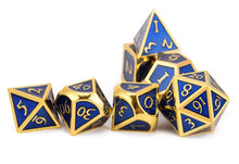 Load image into Gallery viewer, Royal Blue & Gold Enamel Metal Dice Set | 7 piece