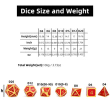 Load image into Gallery viewer, Size chart for Ruby Red & Gold Enamel Metal Dice Set