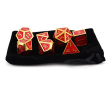 Load image into Gallery viewer, Ruby Red & Gold Enamel Metal Dice Set 7 piece with Black Dice Bag
