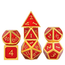 Load image into Gallery viewer, Ruby Red & Gold Enamel Metal Dice Set 7 piece Front View