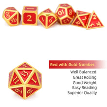 Load image into Gallery viewer, Description of Ruby Red & Gold Enamel Metal Dice Set