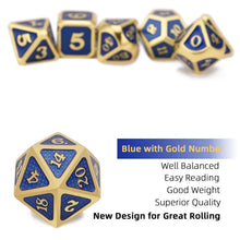 Load image into Gallery viewer, Description of Shiny Blue & Gold Dragon Scale Metal Dice Set 7 piece