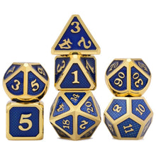 Load image into Gallery viewer, Shiny Blue & Gold Dragon Scale Metal Dice Set 7 piece front view