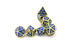 Load image into Gallery viewer, Steel Blue & Gold Enamel Metal Dice Set 7 piece horizontally stacked