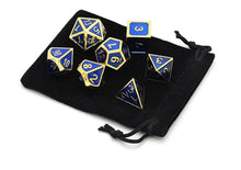 Load image into Gallery viewer, Steel Blue & Gold Enamel Metal Dice Set 7 piece with black dice bag