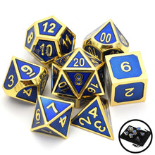 Load image into Gallery viewer, Steel Blue & Gold Enamel Metal Dice Set 7 piece front view