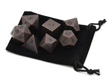 Load image into Gallery viewer, Tarnished Bronze Metal Dice Set 7 Piece with Black Dice Pouch