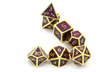 Load image into Gallery viewer, Wine Purple & Gold Metal Dice Set 7 piece randomly stacked