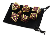 Load image into Gallery viewer, Wine Purple & Gold Metal Dice Set 7 piece with black dice bag