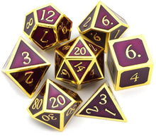 Load image into Gallery viewer, Wine Purple & Gold Metal Dice Set 7 piece front view