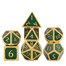 Load image into Gallery viewer, Leprechaun's Gold - Green and Gold Enamel Metal Dice Set 7 Piece