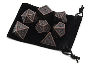 Ancient Copper Metal Dice 7 Piece with Black Dice Pouch