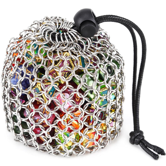 Chainmail Dice Bag filled with dice inside