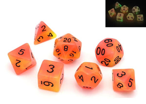 Orange and Yellow dual colour glow in the dark dice set 7 piece