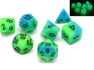 Green and Blue dual colour glow in the dark dice set 7 pieces