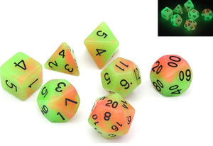 Orange and Green dual colour glow in the dark dice set 7 piece
