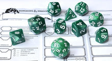 Load image into Gallery viewer, Emerald Swirl polyhedral dice set 10 piece