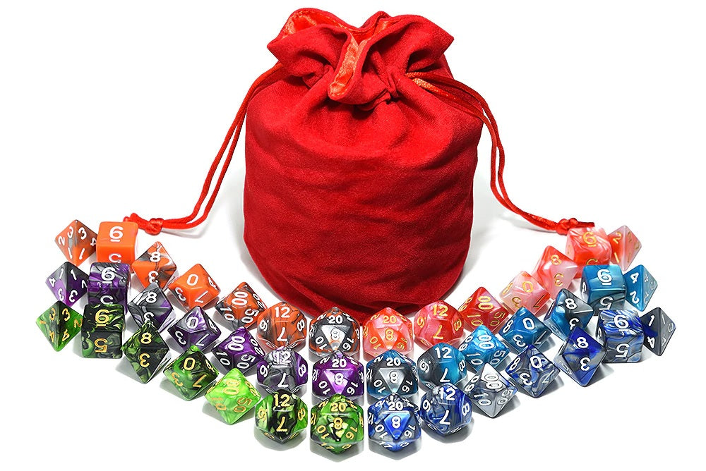 Marble RPG Dice Set with Red Dice Bag