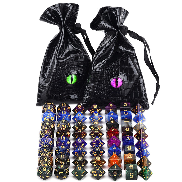 Nebula Dice Bundle B with Dice Bag 56 piece with green and purple dragon eye dice bag
