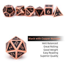 Load image into Gallery viewer, Description of Shiny Black and Bronze Metal Dice Set
