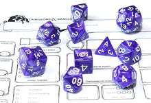 Load image into Gallery viewer, Purple &amp; White Royal Swirl polyhedral dice set