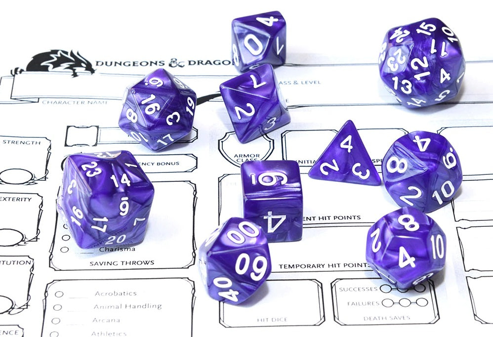Purple & White Royal Swirl polyhedral dice set
