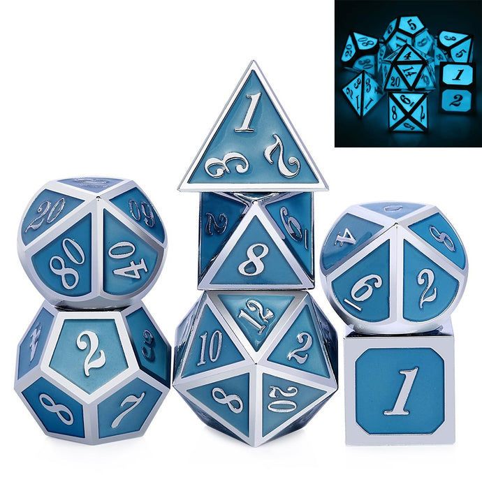 Enchanted Blue Metal Dice Set in the light | 7 piece