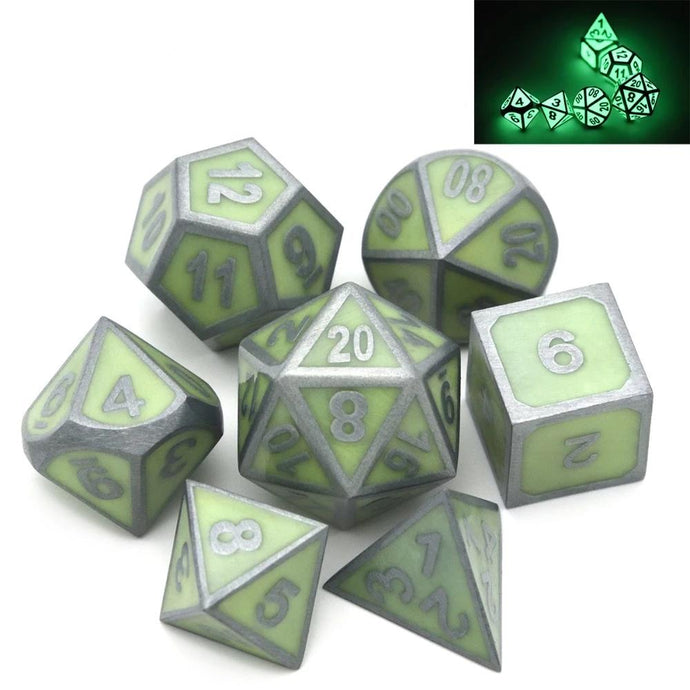 Enchanted Green Metal Dice Set in the light | 7 piece