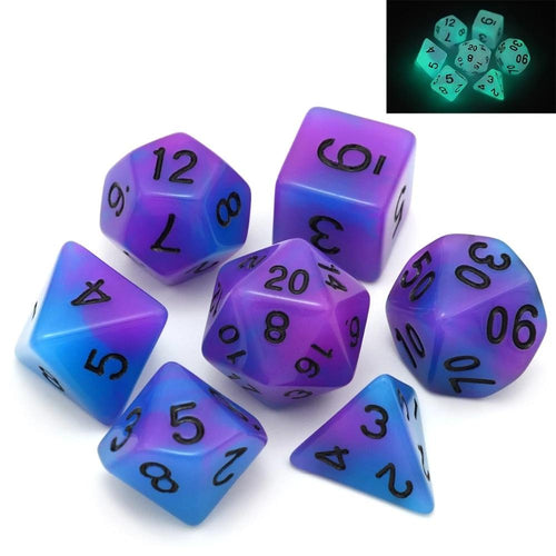 Purple and Blue dual colour glow in the dark dice set 7 pieces